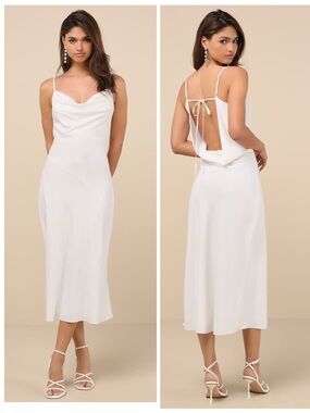 Lulus Caleigh Ivory Satin Backless Slip Midi Dress Size Small Bridal Sleeveless